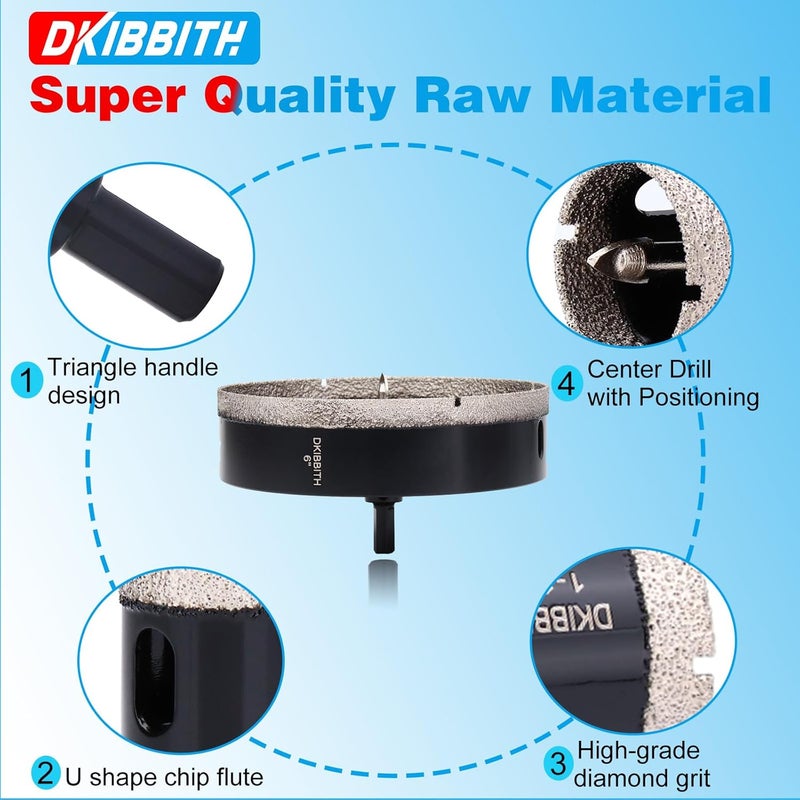DKIBBITH 6" Diamond Hole-Saw Bits with Pilot Drill Bit 6 in Diamond Tipped Tile Hole Saws with Guiding Bit for Accurate Drilling, for Porcelain Tile Ceramic Pottery Granite Stone Glass Bottles 152mm - Image 5